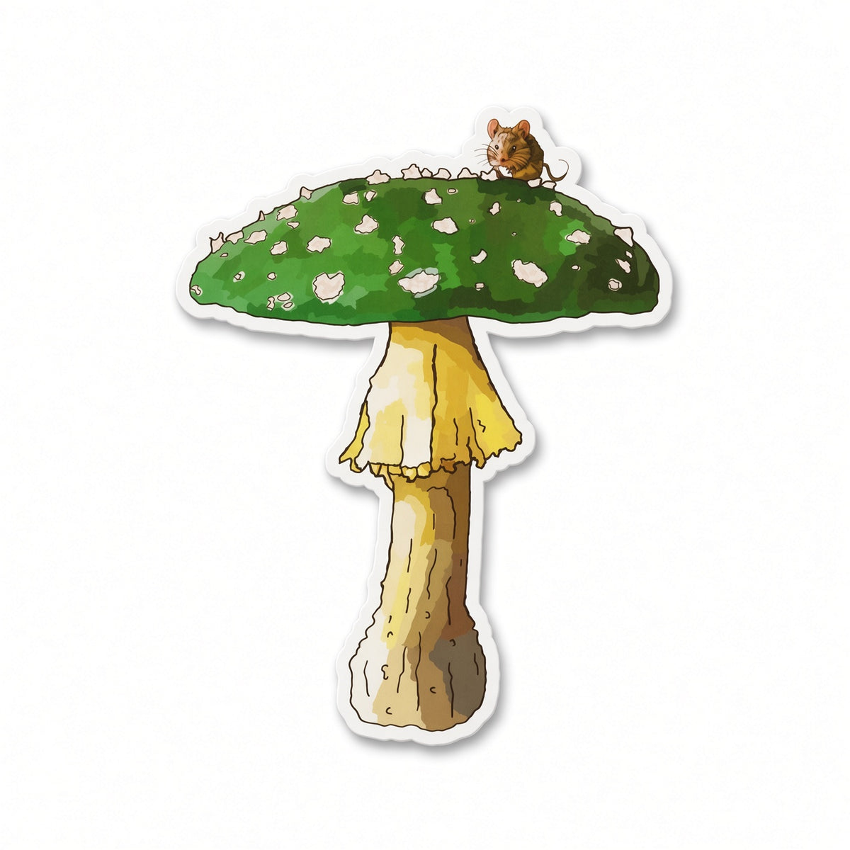 Mushroom Meadow green mushroom with mouse vinyl sticker by Joy and Fury Art