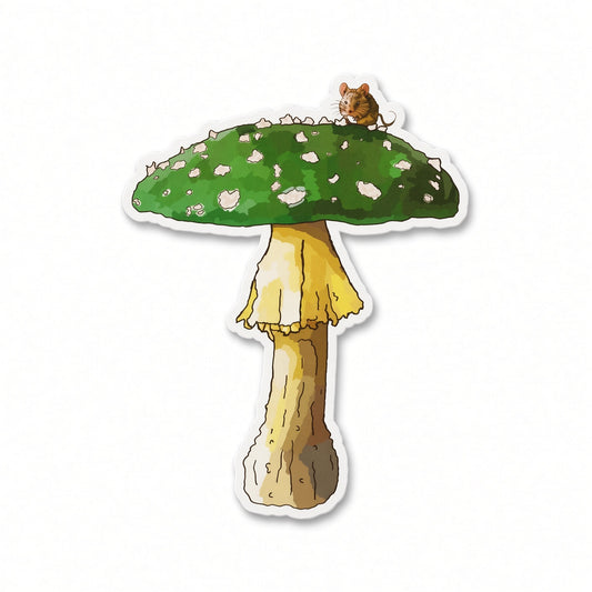 Mushroom Meadow green mushroom with mouse vinyl sticker by Joy and Fury Art