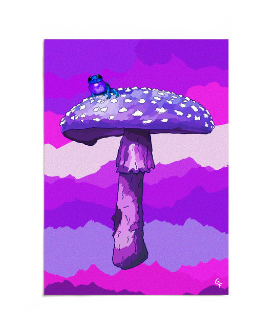 Blue frog on purple mushroom art print by Joy and Fury Art