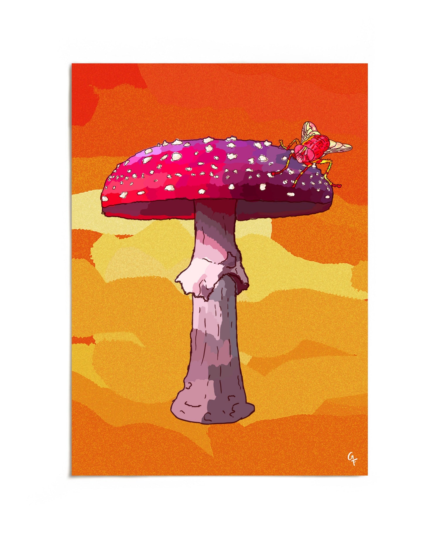 Pink spotted mushroom with fly on orange sunset background art print by Joy and Fury Art