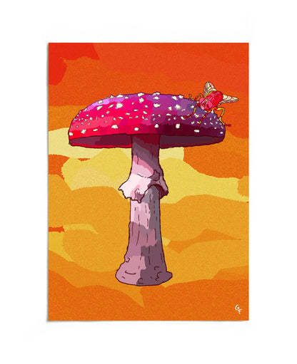 Pink spotted mushroom with fly on orange sunset background art print by Joy and Fury Art