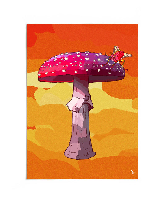 Pink spotted mushroom with fly on orange sunset background art print by Joy and Fury Art