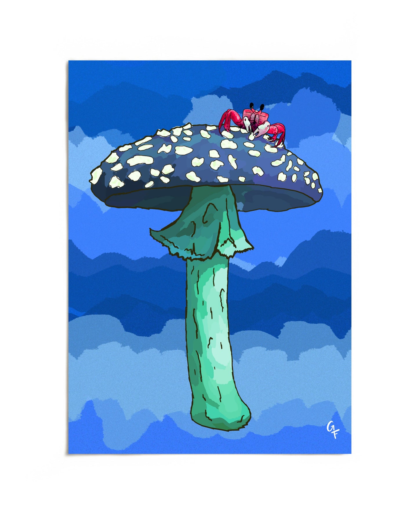 Crab on blue mushroom art print by Joy and Fury Art