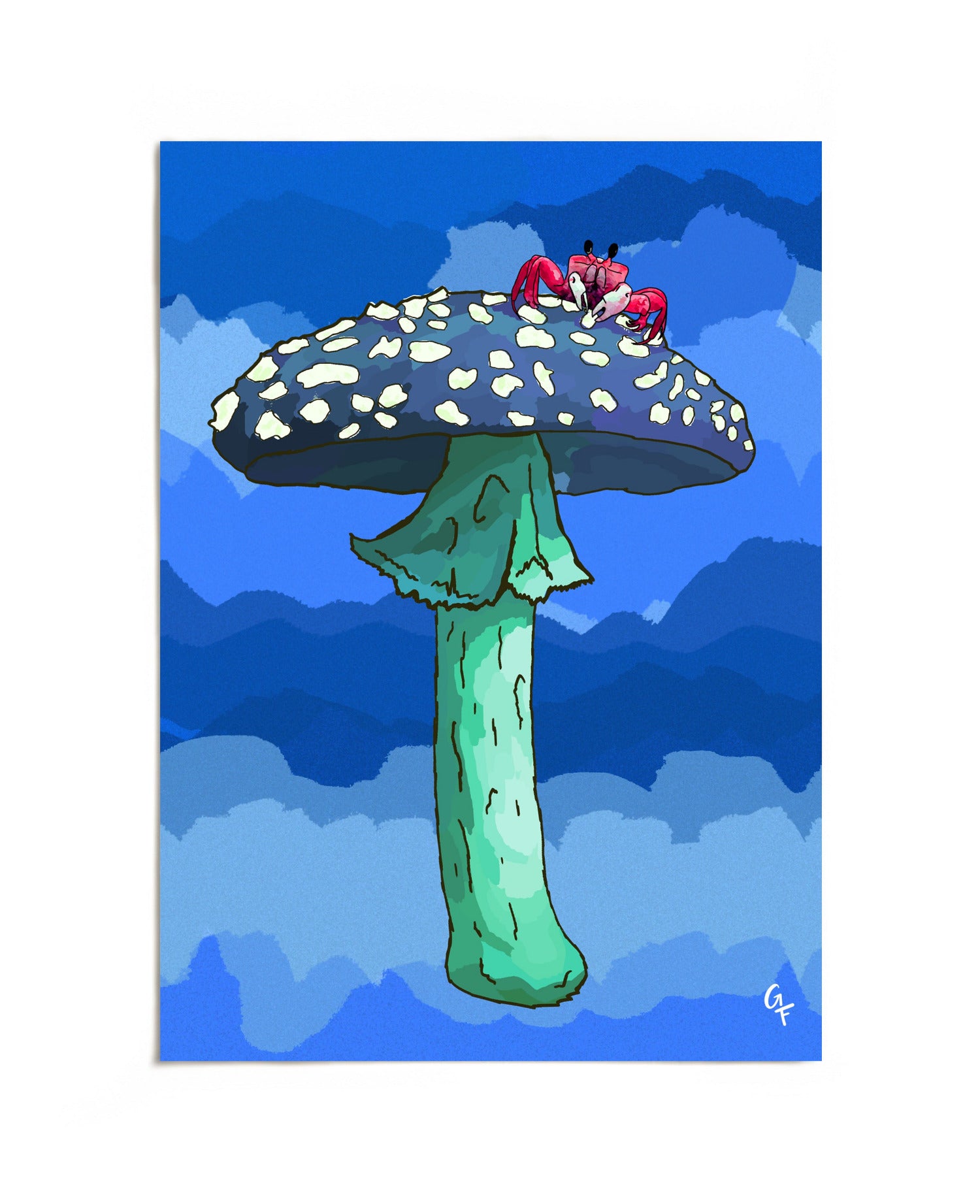 Crab on blue mushroom art print by Joy and Fury Art