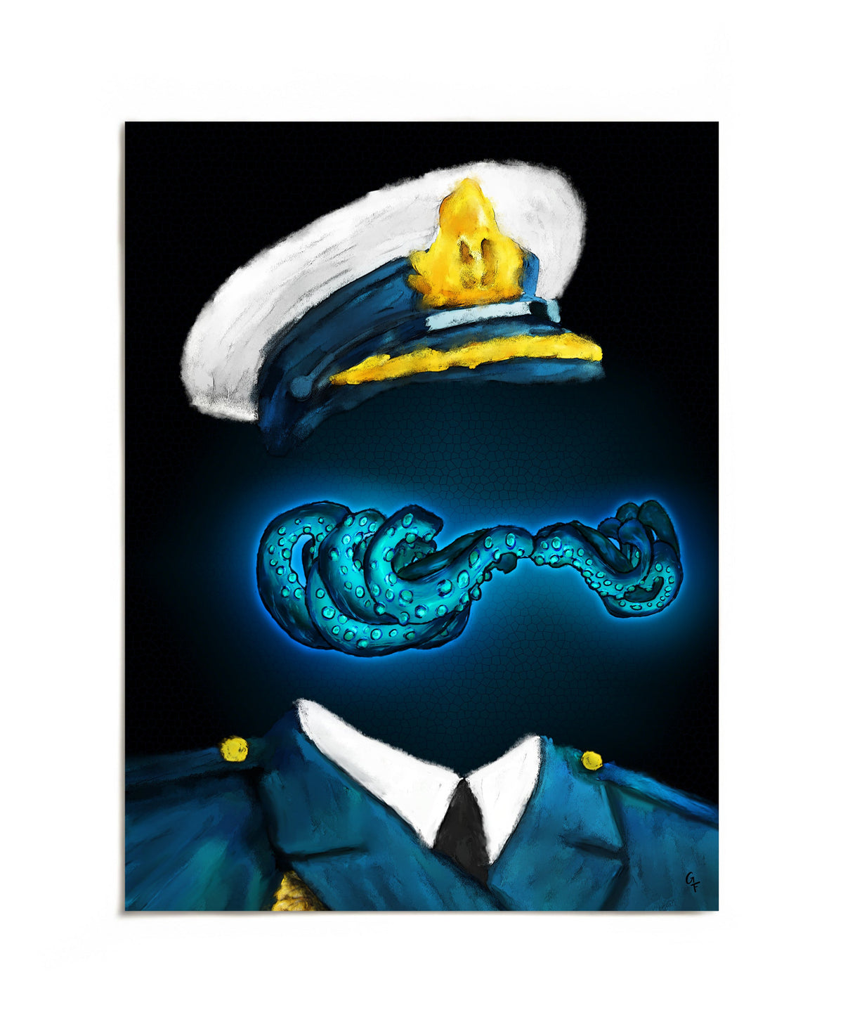 Captain hat with turquoise tentacle mustache art print by Joy and Fury Art