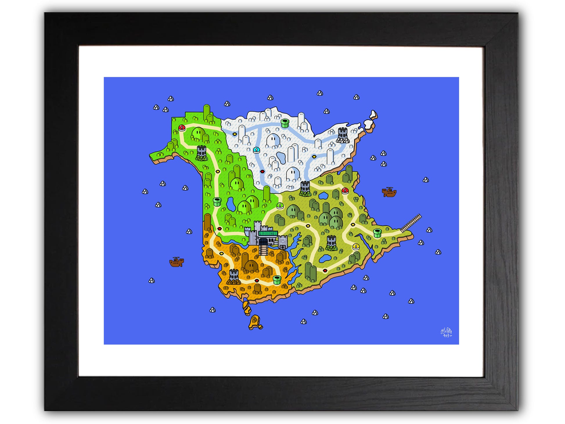 New Brunswick map with videogame icons