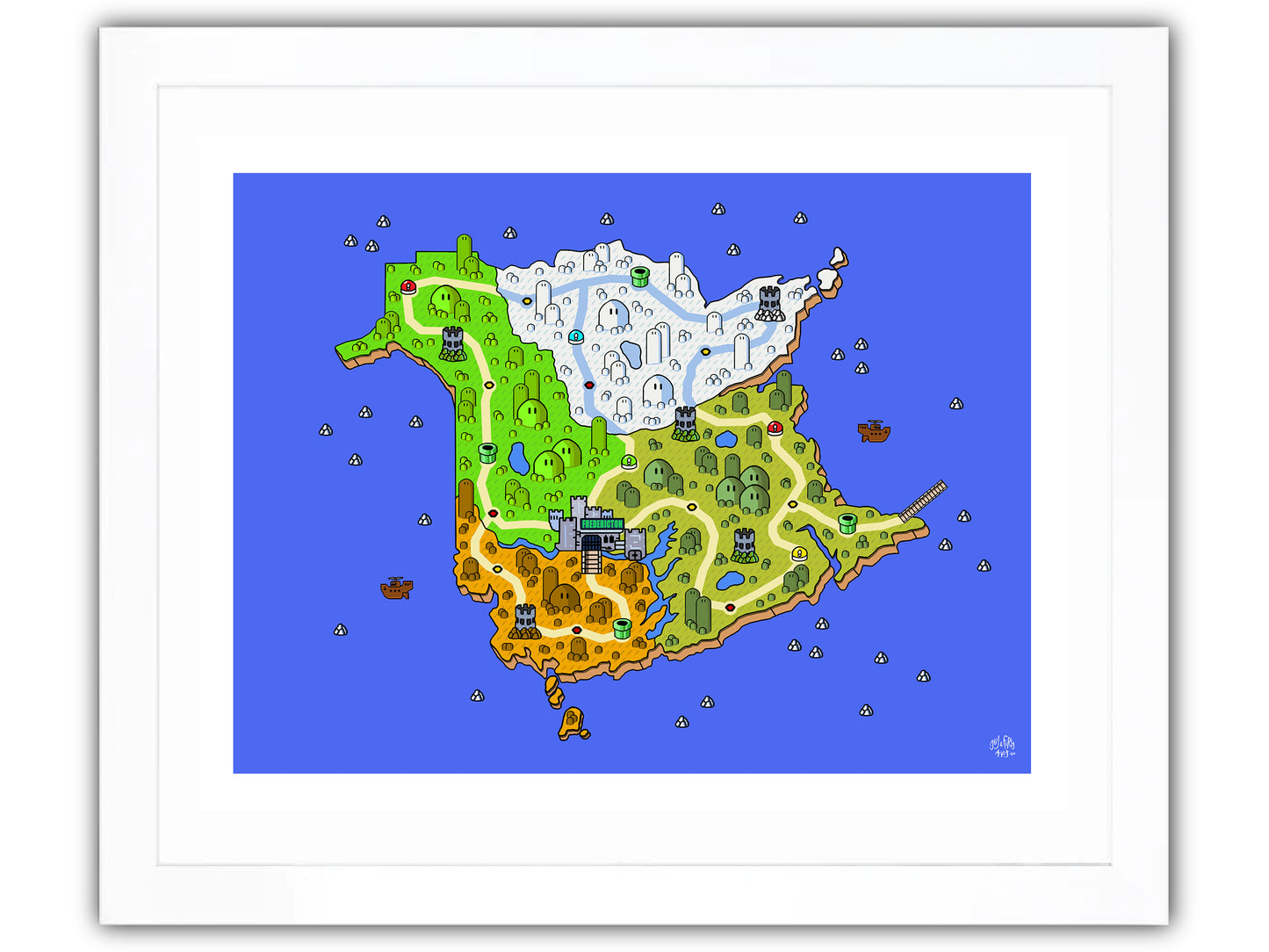 New Brunswick map with videogame icons