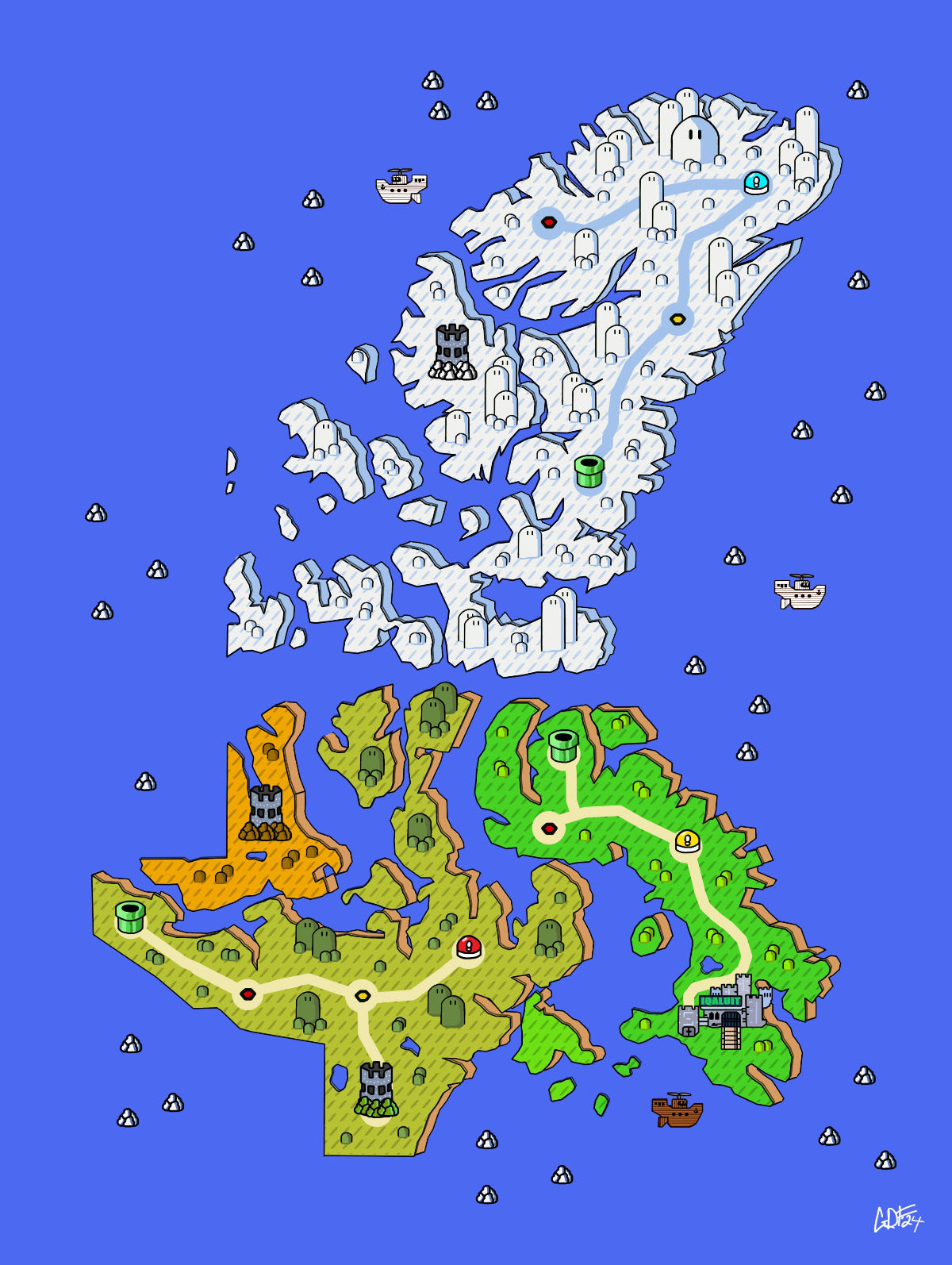 Nunavut map with videogame icons