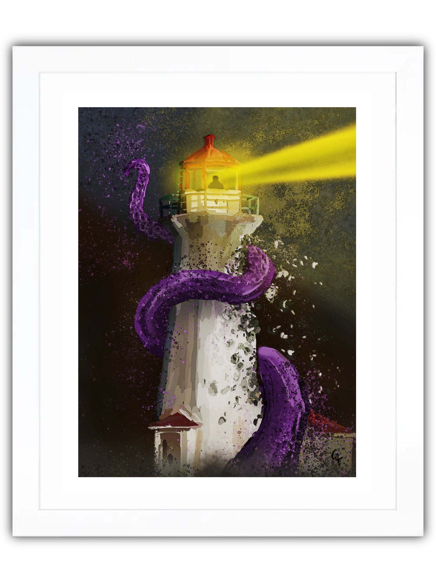 Lighthouse at night, purple tentacle wrapped around