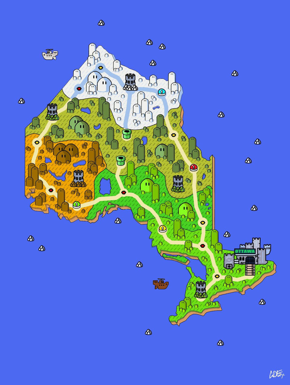 Ontario map with videogame icons