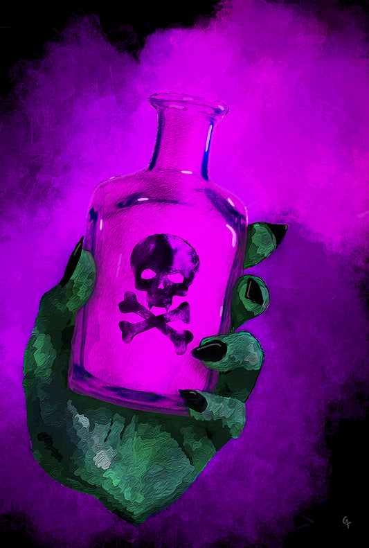 Green hand holding poison bottle