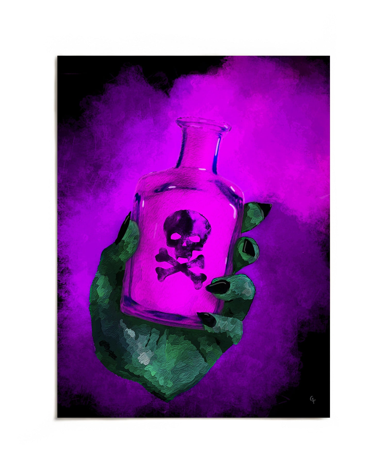 Green monster hand holding glowing pink Poison bottle art print by Joy and Fury Art