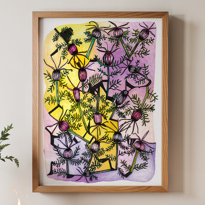 Framed Poppy botanical print by Joy and Fury Art on a light wall