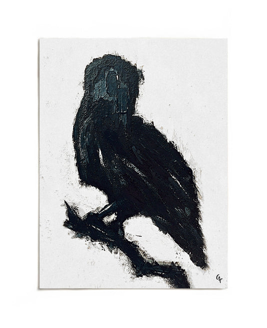 Black raven perched on a branch art print by Joy and Fury Art