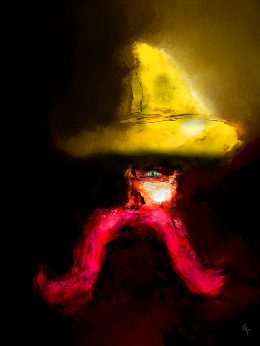 Man wearing yellow hat with red moustache in shadows
