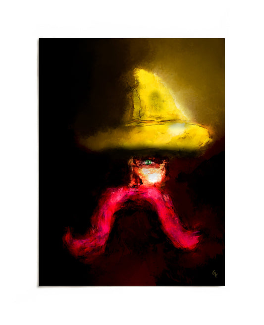 Figure with yellow hat and pink mustache art print by Joy and Fury Art