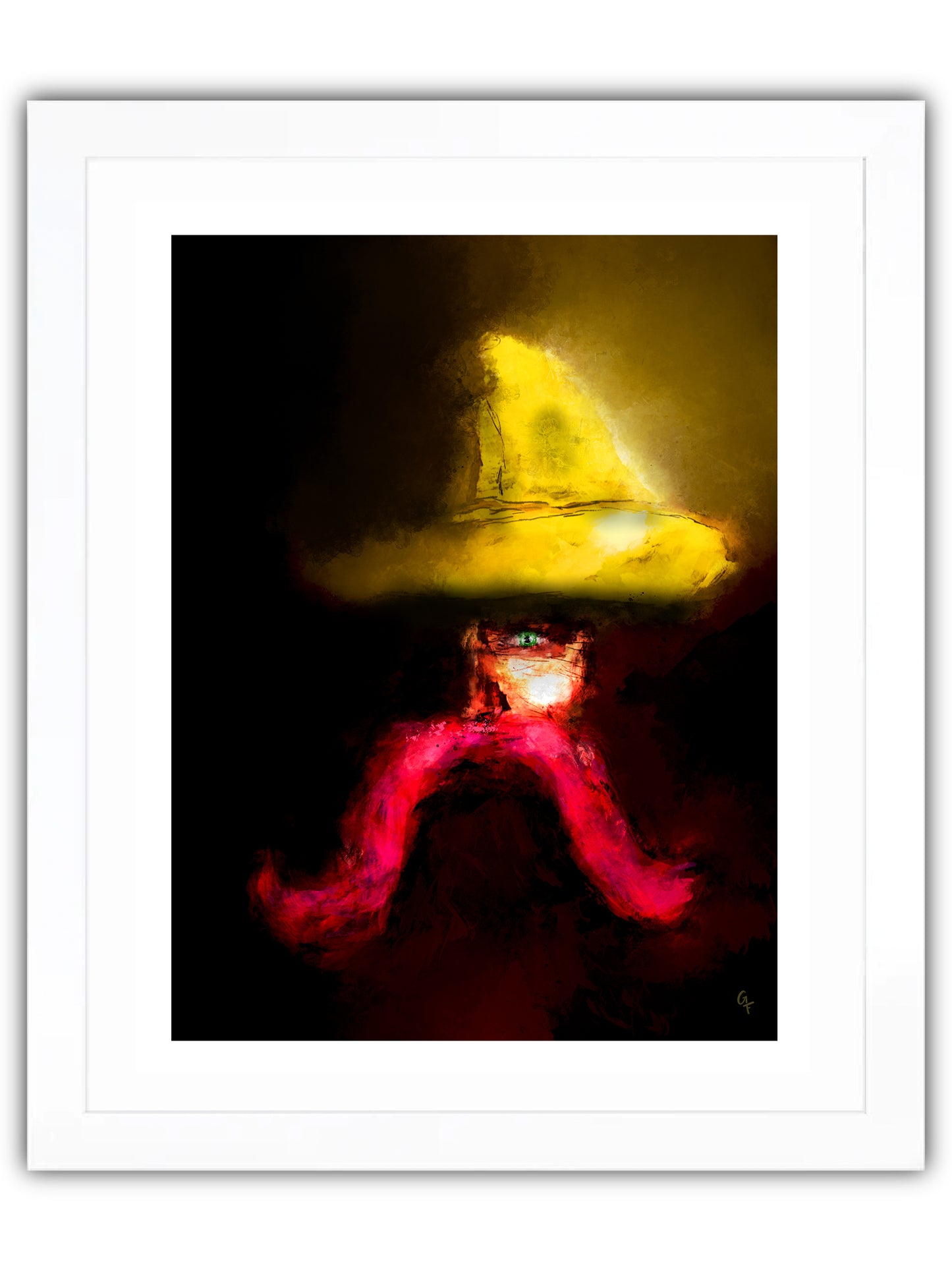 Man wearing yellow hat with red moustache in shadows