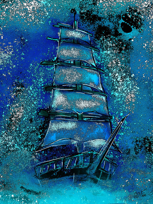 Ship on blue background