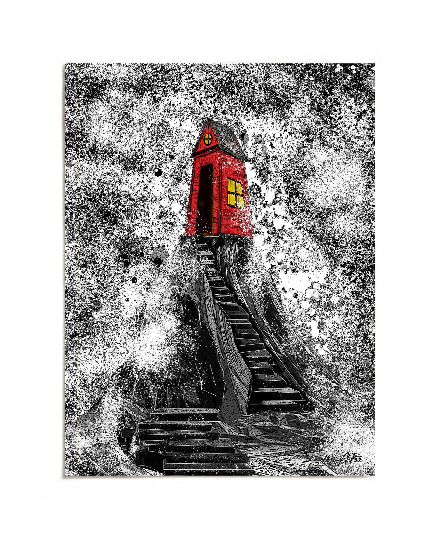 Red sea shack on rocky cliff with crashing waves art print by Joy and Fury Art