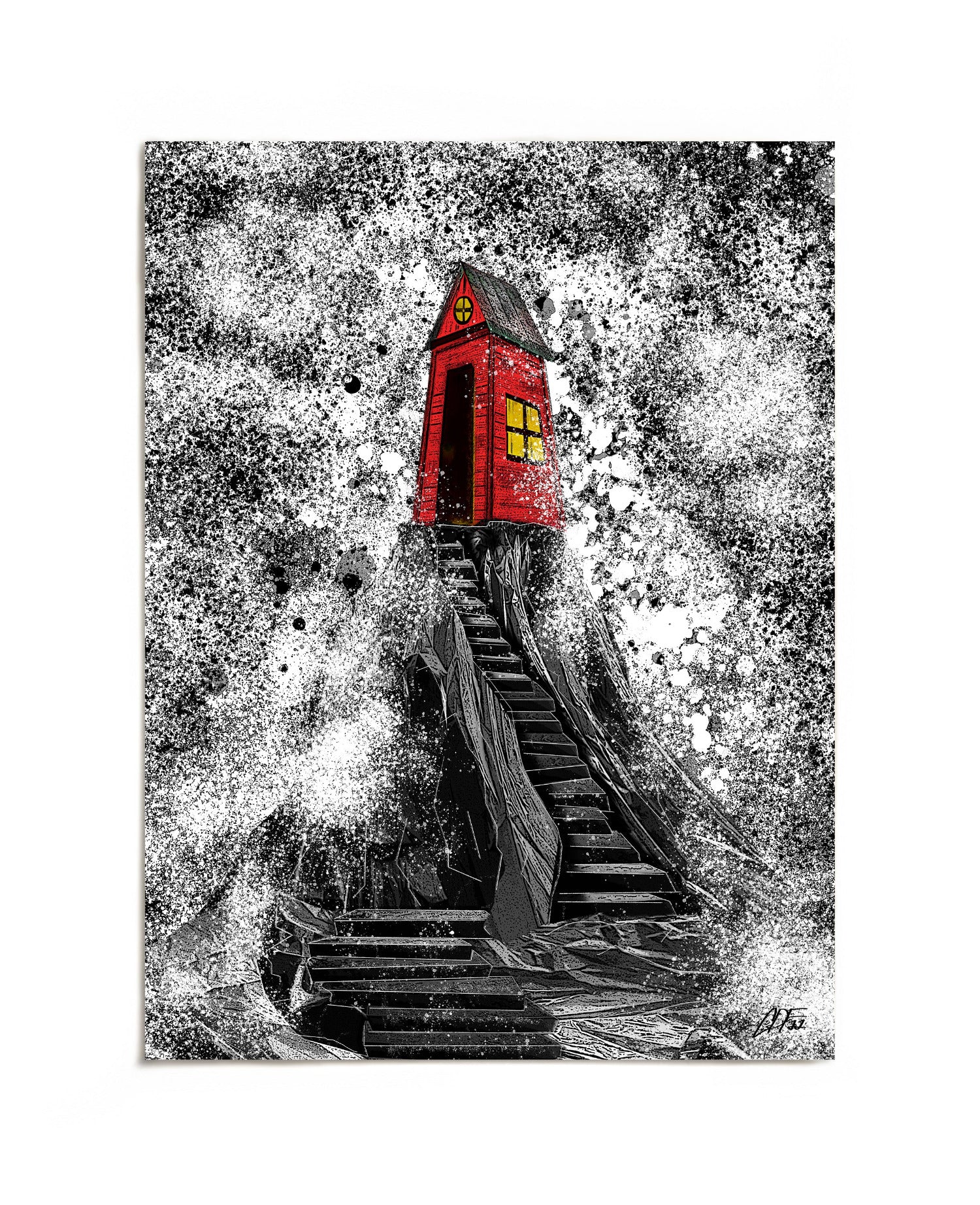 Red sea shack on rocky cliff with crashing waves art print by Joy and Fury Art