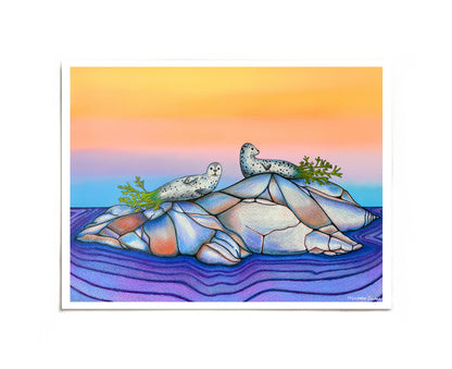 Seals with leafy seaweed tails art print by Joy and Fury Art