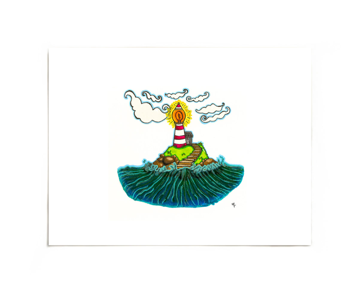 Red and white lighthouse on a tiny island art print by Joy and Fury Art