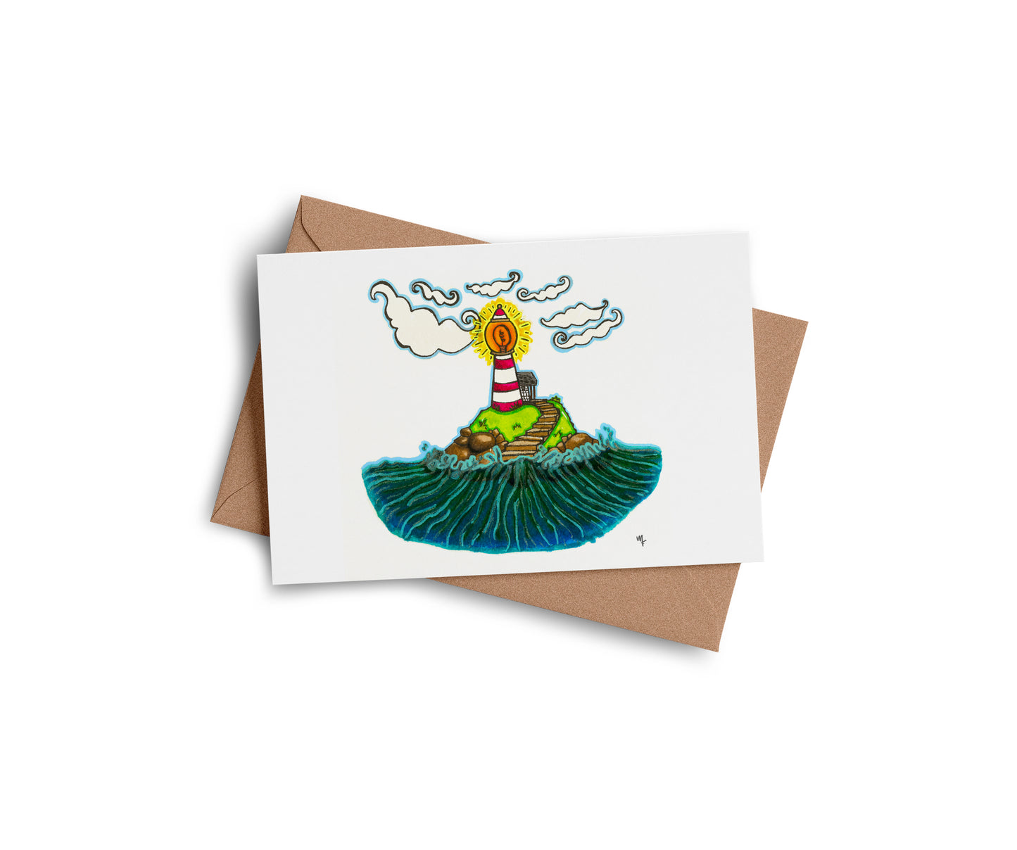 Seaside Sun lighthouse greeting card by Joy and Fury Art