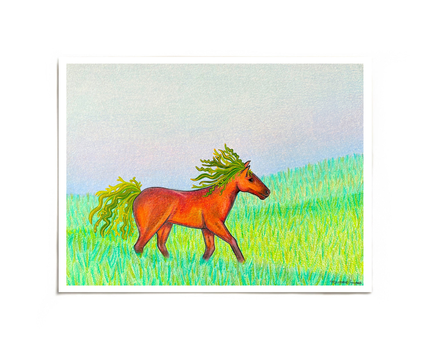 Horse with green seaweed mane and tail art print by Joy and Fury Art