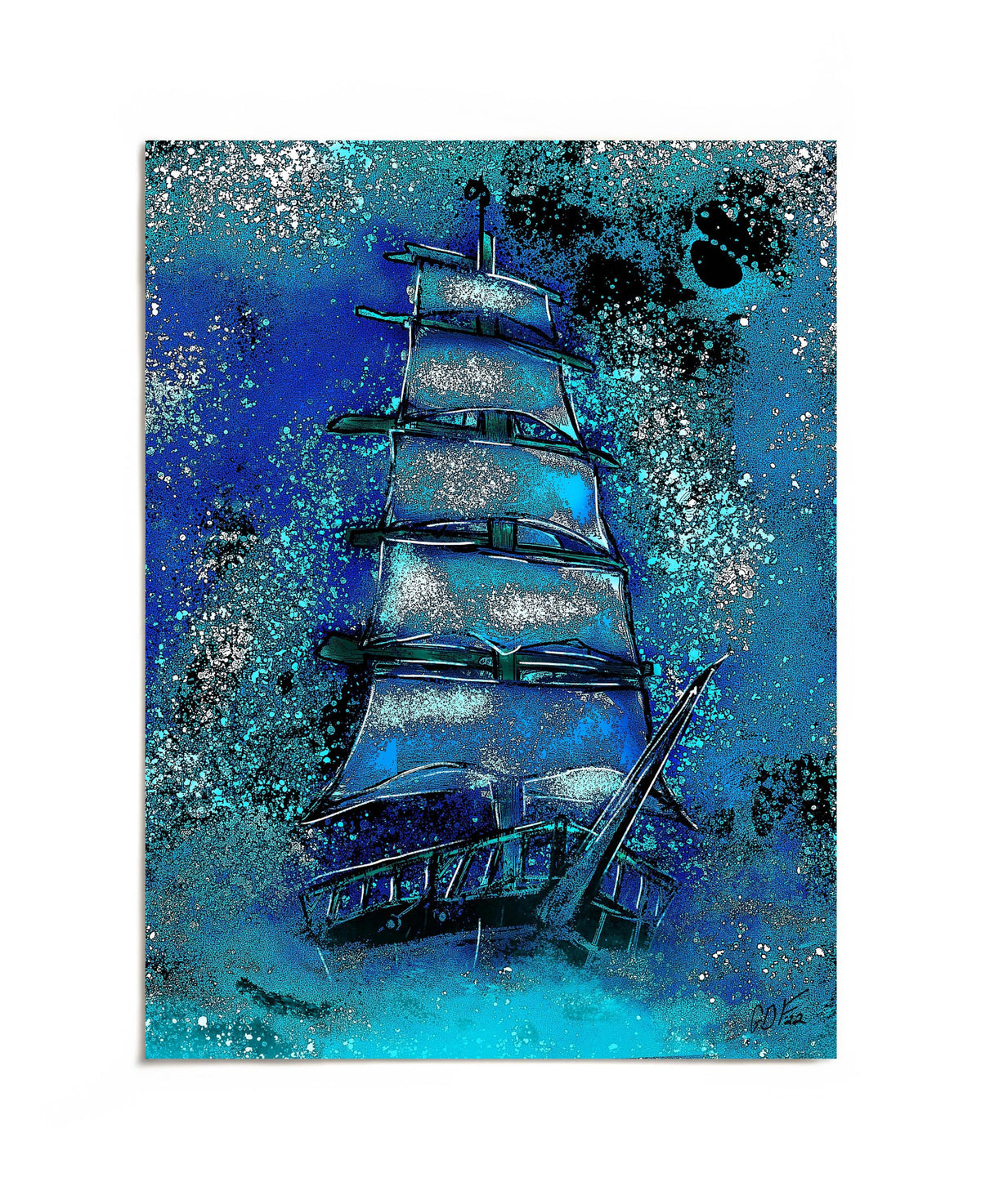 Blue cosmic sailing ship art print by Joy and Fury Art