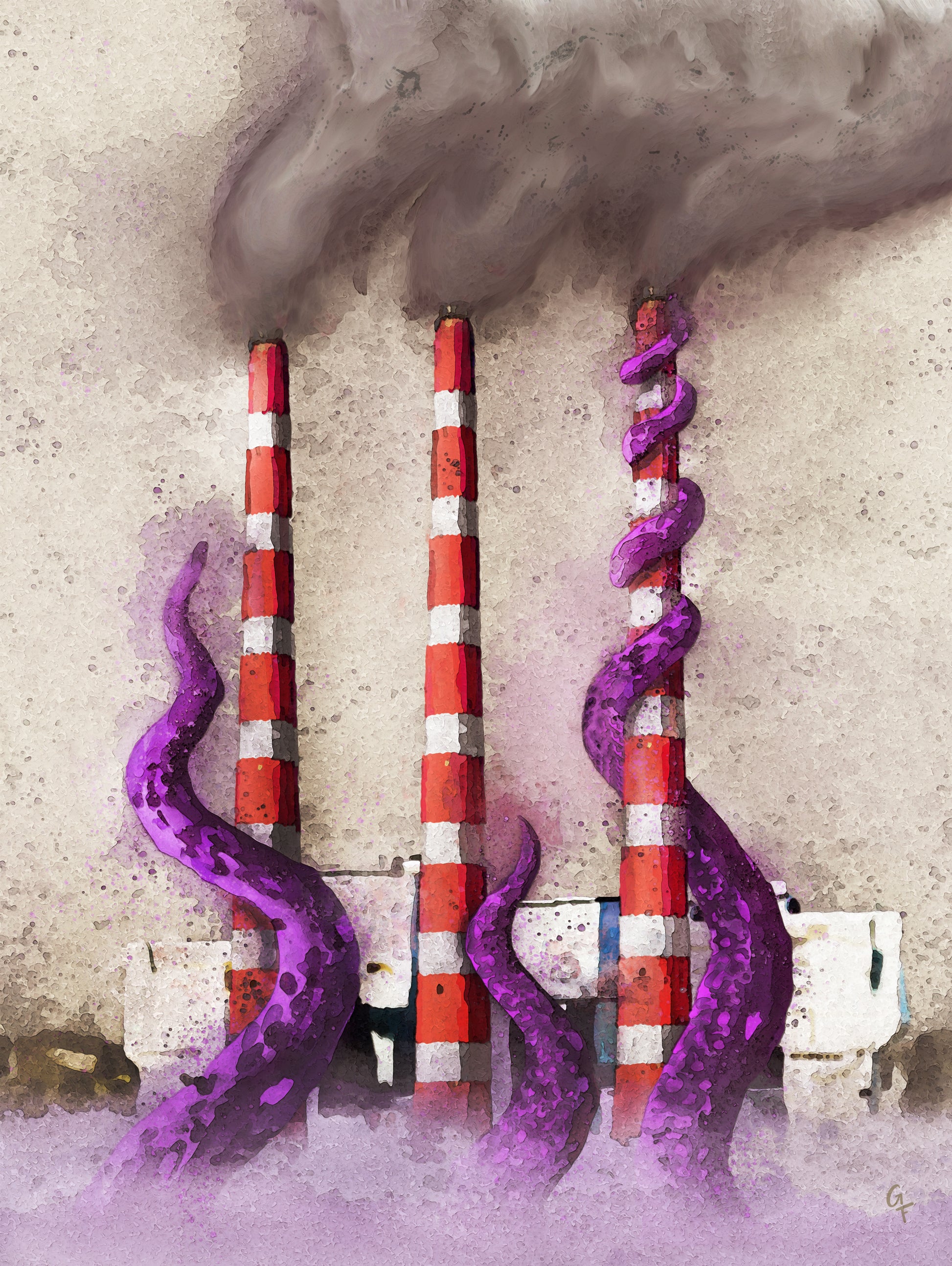 Dartmouth smoke stacks being attacked by purple tentacles