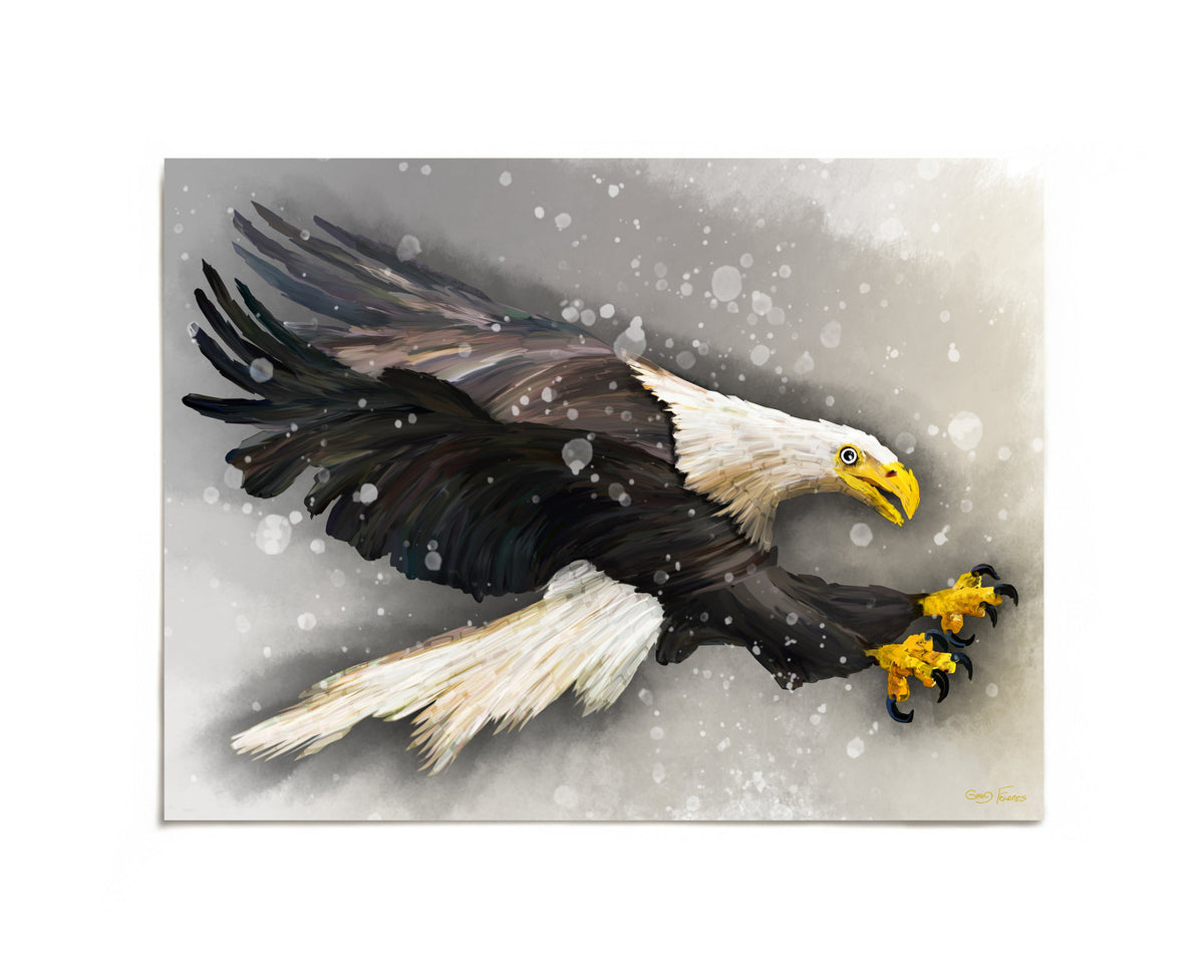 Bald eagle flying through snow art print by Joy and Fury Art