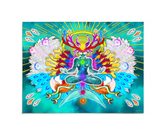 Multi-armed goddess with chakras and mermaid tail art print by Joy and Fury Art