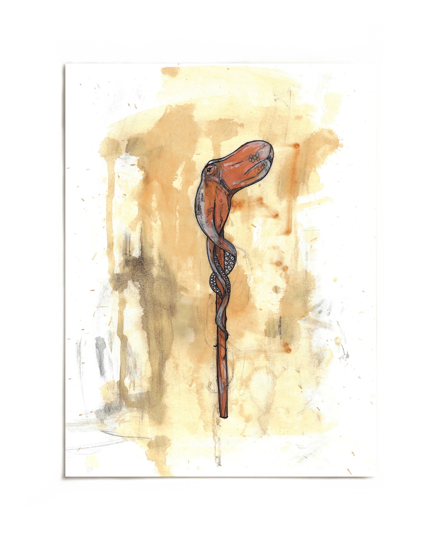 Orange octopus wrapped around a wooden staff art print by Joy and Fury Art