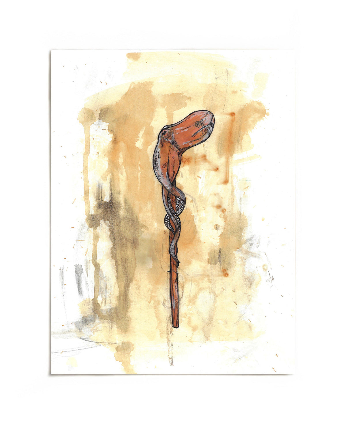 Orange octopus wrapped around a wooden staff art print by Joy and Fury Art