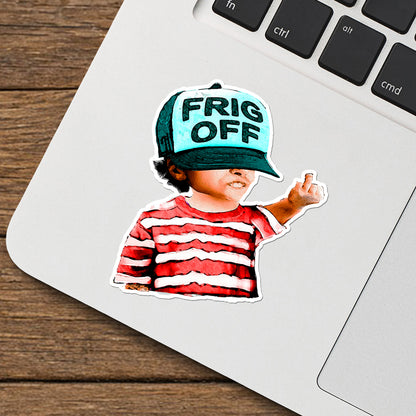 Frig Off vinyl sticker by Joy and Fury Art on a silver laptop