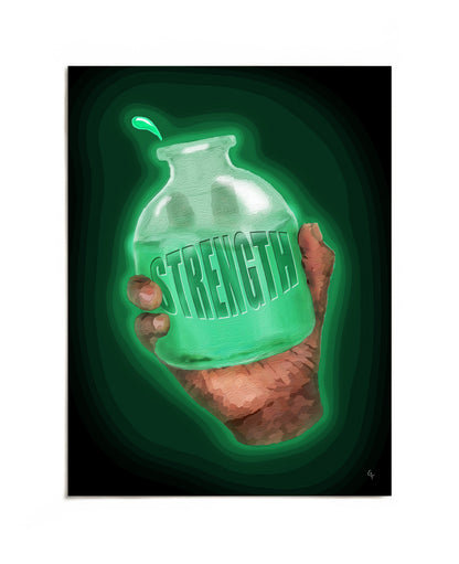 Hand holding glowing Strength potion bottle art print by Joy and Fury Art