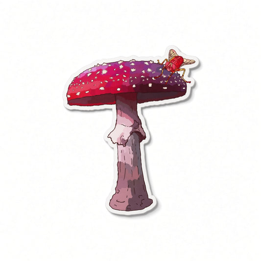 Mushroom Sunset red spotted mushroom vinyl sticker by Joy and Fury Art