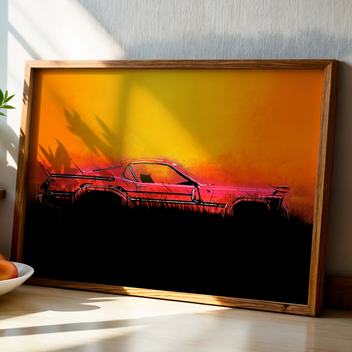 Framed Sunset Wreck print by Joy and Fury Art with leaf shadows