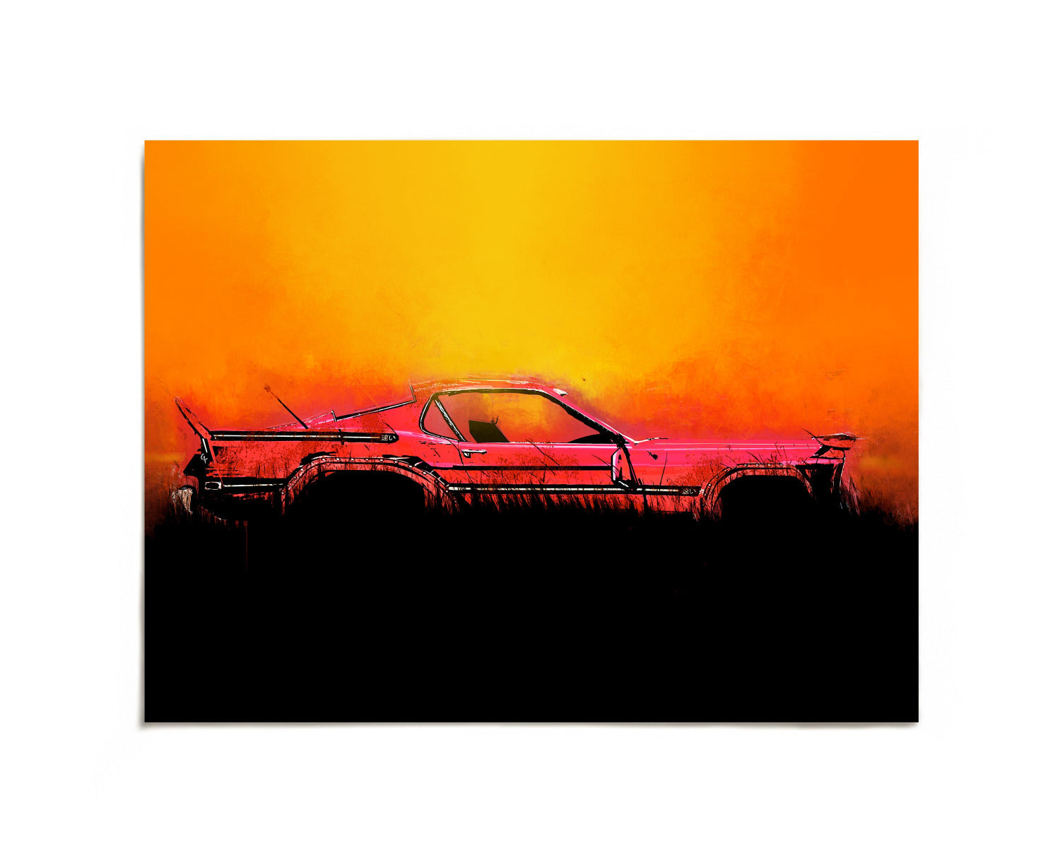 Red classic car at sunset art print by Joy and Fury Art