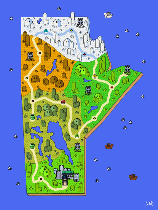 Manitoba map with videogame icons