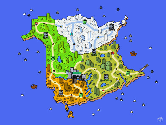 New Brunswick map with videogame icons