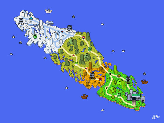 Vancouver Island map with videogame icons