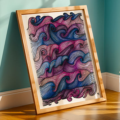 Framed Wave swirling waves print by Joy and Fury Art leaning against a teal wall