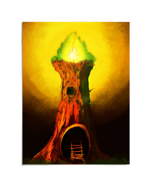 Magical tree lighthouse art print by Joy and Fury Art