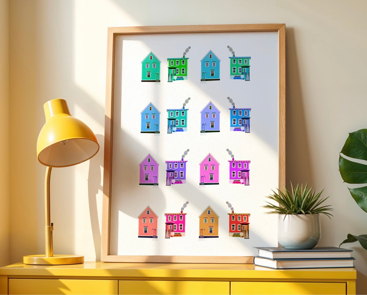 A white art print featuring a grid of colorful houses in shades of green, blue, purple, pink, orange, and red, displayed against a clean white background.