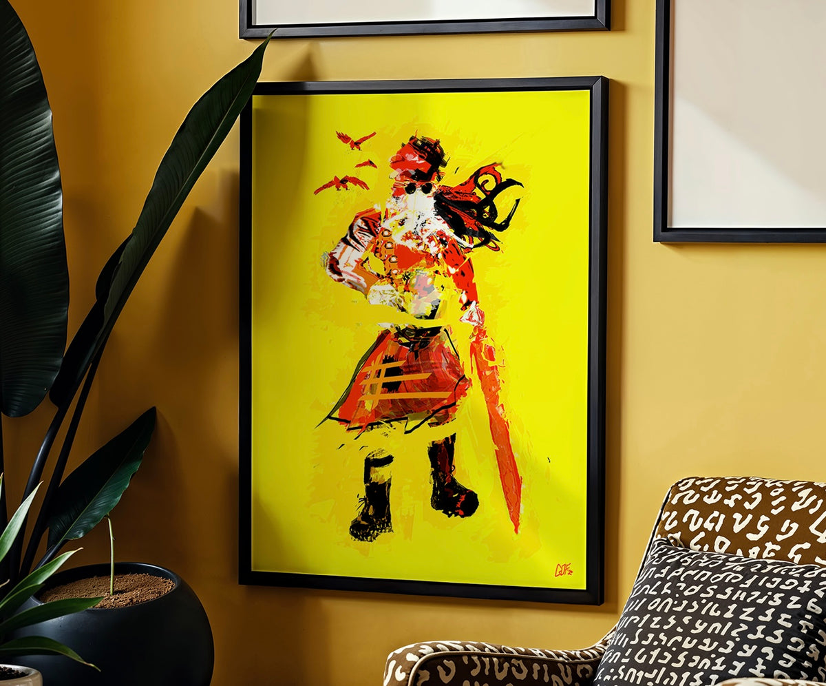 A framed abstract art print featuring a warrior figure in red, orange, black, and white on a bright yellow background, hanging on a mustard-yellow wall.