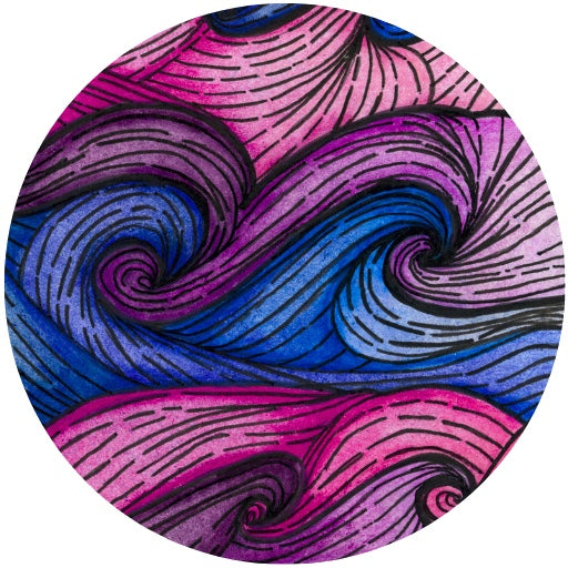 A circular abstract artwork featuring flowing wave-like patterns in vibrant pink, purple, and blue with black linework, set against a plain white background.