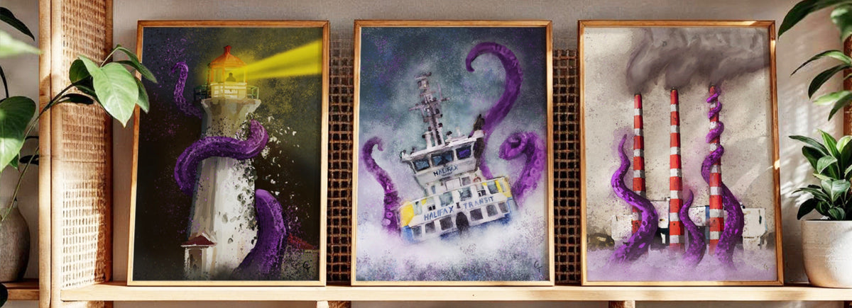 Three framed vertical art prints displayed on a wooden shelf in a styled room setting. The prints feature surreal illustrations: a white lighthouse wrapped in purple tentacles, a white ship surrounded by large purple tentacles, and red-and-white smokestacks with purple tentacles rising from the sea.
