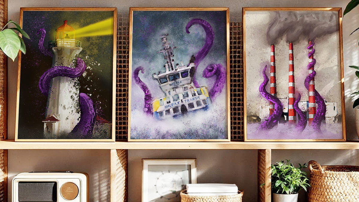 Three framed vertical art prints displayed on a wooden shelf in a styled room setting. The prints feature surreal illustrations: a white lighthouse wrapped in purple tentacles, a white ship surrounded by large purple tentacles, and red-and-white smokestacks with purple tentacles rising from the sea.